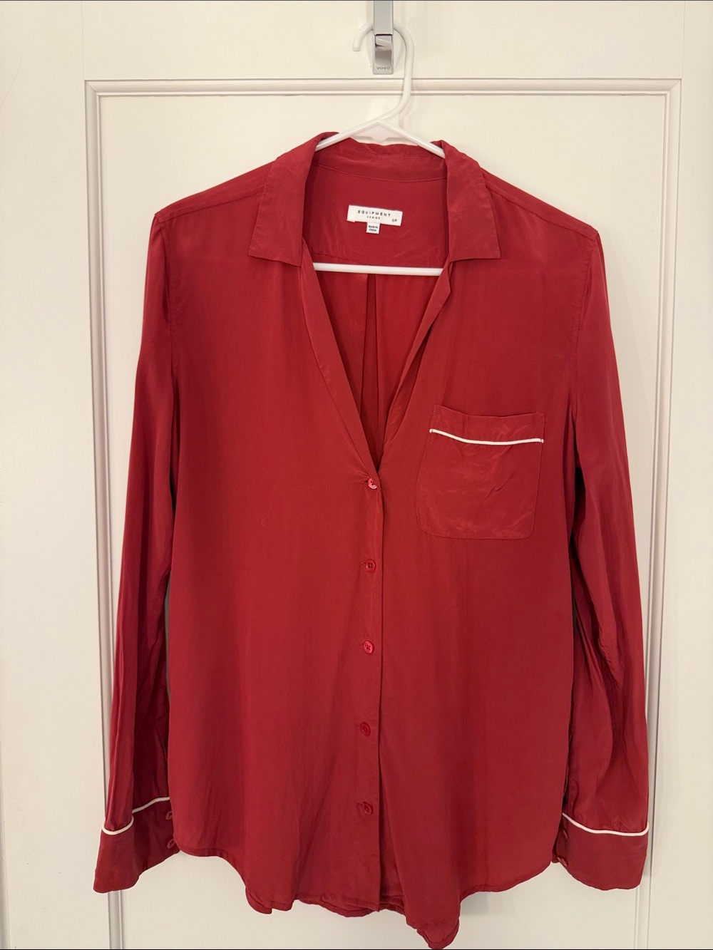 Equipment Red Silk Button-Down Blouse with White Piping